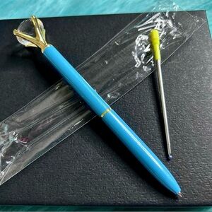 Diamond Top Metallic Blue Metal Ballpoint Pen & Black Ink Refill PinkRainCloud